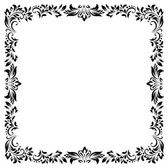 Square vintage frame, border of stylized leaves, flowers and curls in black lines on white background. Vector backdrop, wallpaper