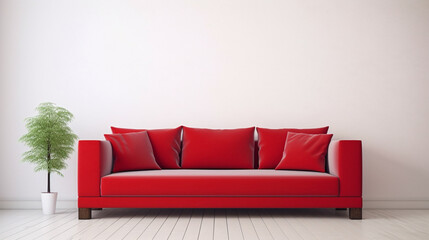 Interior design of red couch on white wall. modern fictitious living room with sofa. generative ai
