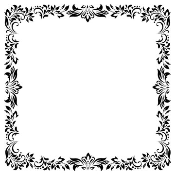 Square vintage frame, border of stylized leaves, flowers and curls in black lines on white background. Vector backdrop, wallpaper