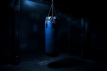 illustration of a blue boxing bag in dark room. Created with Generative AI - obrazy, fototapety, plakaty