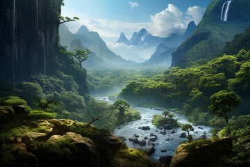 jungle landscape illustration, river between mountains and jungle. Created with Generative AI