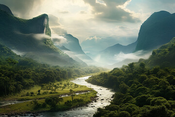 jungle landscape illustration, river between mountains and jungle. Created with Generative AI