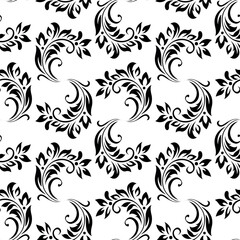 Vintage seamless plant pattern of black stylized leaves, flowers and curls on white background. Retro style. Vector backdrop, texture for victorian wallpapers, wrapping paper, fabric