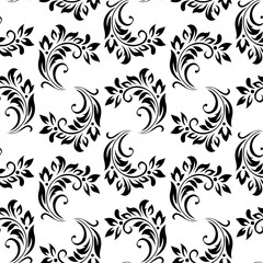 Vintage seamless plant pattern of black stylized leaves, flowers and curls on white background. Retro style. Vector backdrop, texture for victorian wallpapers, wrapping paper, fabric