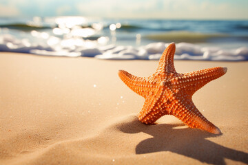 Fototapeta na wymiar illustration of a starfish on the beach. Concept of a beach vacation. Created with Generative AI
