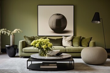 Beautiful living room, olive green wall
