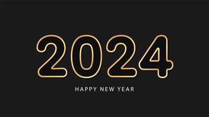 Happy new year 2024 design with gold numbers on dark background. Holiday background, banner, poster, card. Vector illustration