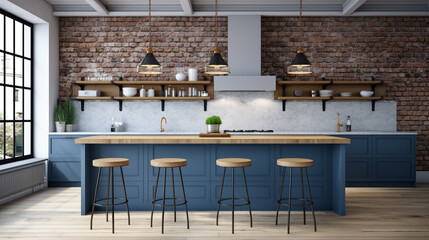 Interior of stylish kitchen with white and brick walls, wooden floor blue counter tops generative ai