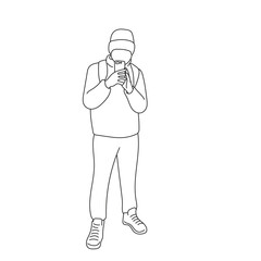 Male tourist with backpack standing and using smartphone to take photo smartphone illustration vector hand drawn isolated on white background