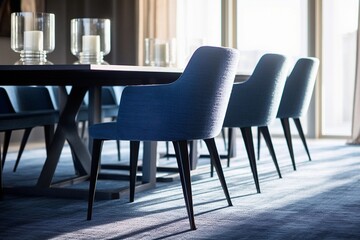dining room with blue carpet and chairs