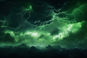 Lime night sky with clouds. Storm, wind, rain. Dramatic dark skies background. Glow, light, lightning. Magical, mystical, ominous, frightening, spooky, fantasy, fantastic heaven