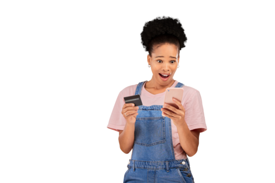 Happy woman, mobile app and credit card for e commerce, fintech or digital banking on web. Female model, excited or wow emoji with tech for online shopping on isolated or transparent png background