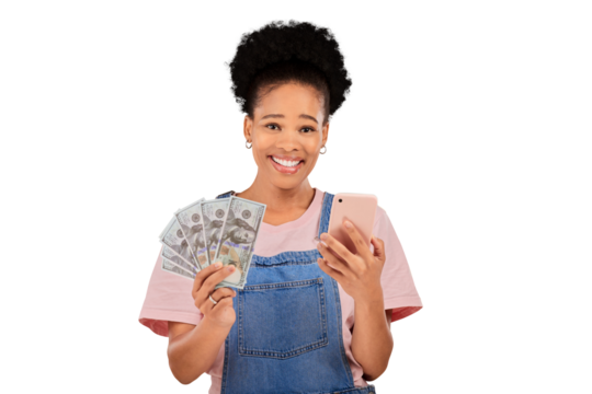 Portrait, happy woman and finance for winning with phone, competition or event for cash prize. Black person, model or smile for bonus, giveaway and money fan on isolated or transparent png background