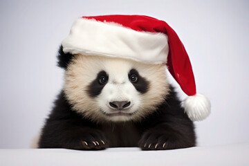 Cute Panda bear wares Chritmas hat in the Christmas Day