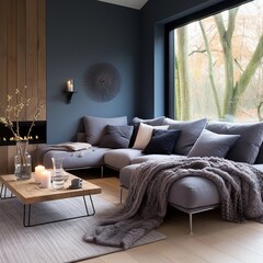 modern living room, blue, grey, finland