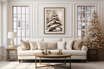 Living room decorated for Christmas with trees, gifts, walls, posters, canvas, full screen mockup, paint, frames. by Generative AI