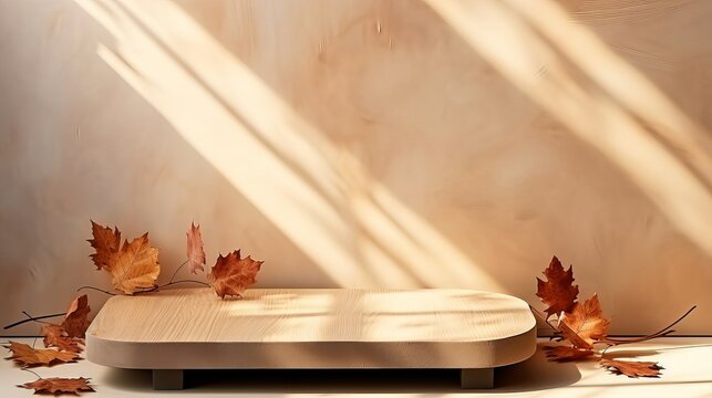 Wooden stand on the floor with autumn leaves and shadow of beige wall background