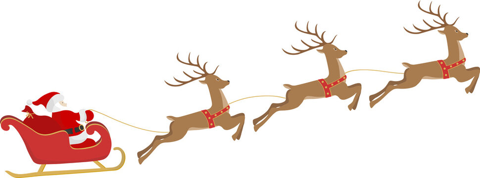 Flying reindeer Santa Claus sleigh. Transparent background illustration.
