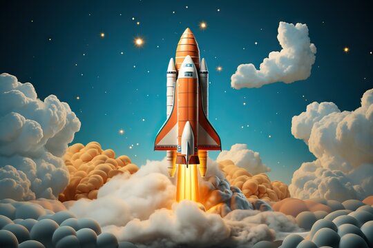 A vibrant illustration of a space shuttle launch, with billowing clouds and a starry sky backdrop