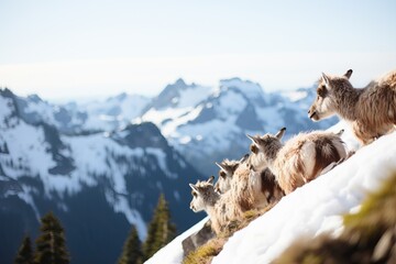 A herd of mountain goats traverses a snowy hillside with alpine peaks in the background.
