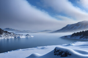 Atmospheric winter landscape, river and mountains, cold atmosphere of mountains and forests, Generative AI