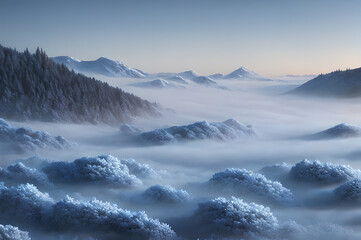 Fototapeta premium Atmospheric winter landscape, river and mountains, cold atmosphere of mountains and forests, Generative AI