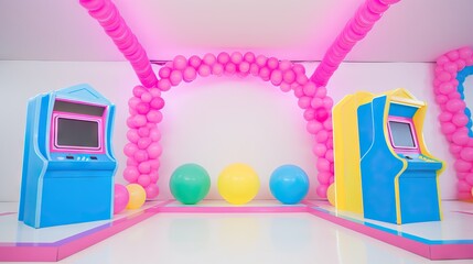 Colorful Retro Arcade Room with Balloons