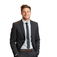 professional man in a black suit with a light blue shirt and tie on an isolated background