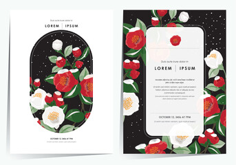 Vector Illustration of Floral Frame Set with Snowfall on Fully Bloomed Camellia Branches 	