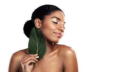 Woman, leaf and relax for natural beauty, cosmetics or makeup isolated on a transparent PNG background. Face of calm female person or model in satisfaction for skincare plants, leaves or dermatology