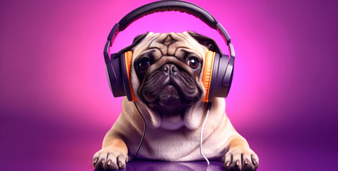 the pug is wearing headphones on a purple background