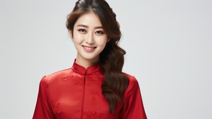 Obraz premium Smiling Chinese girls with Chinese new year traditional clothing, lunar spring festival