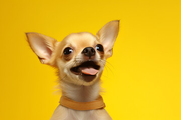 puppy jumping in the air on a yellow background