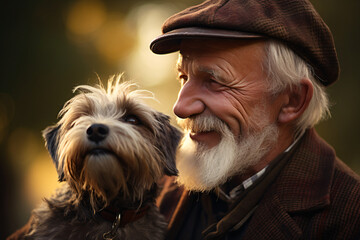 old man smiling with his dog in a park