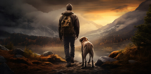 man and his dog hiking on a hiking path