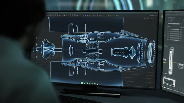 Engineering Industry Specialist Observes Software With Turbine Engine 3d Model. Machine Engineering Blueprint. Industrial Software On PC Display. Engineering Software Interface. Automotive Industry