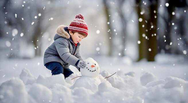 Little boy building a snowman in the aprk
