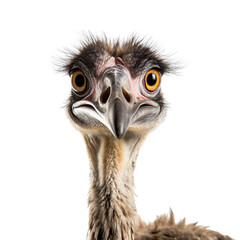 Close up of Gallimimus dinosaur face isolated on a white transparent background