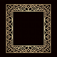 elaborate arabesque golden frame with intricate details on an isolated dark background