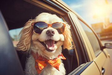 dog wearing sunglasses hanging out of car window - obrazy, fototapety, plakaty