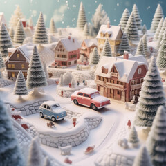 miniature winter village scene with snow-covered houses and pine trees