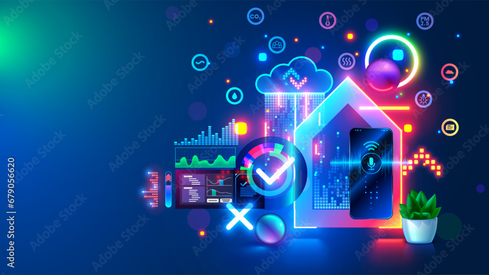 Poster Smart home system development concept. IOT phone application setting. Programming scenarios for operation of smart home system. IOT devices in network of house. Cloud computing of internet of things.