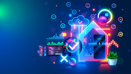 Smart home system development concept. IOT phone application setting. Programming scenarios for operation of smart home system. IOT devices in network of house. Cloud computing of internet of things. - obrazy, fototapety, plakaty