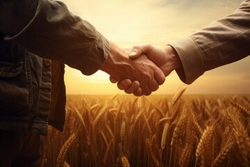 Farmers shake hands at wheat field. Agriculture people farming deal. Generate Ai - obrazy, fototapety, plakaty