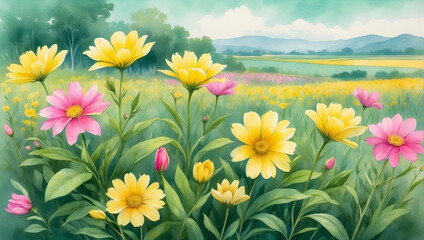 Watercolor illustration of pink and yellow flowers field with green leafs. Beautiful flowers garden. Creative graphics design. 