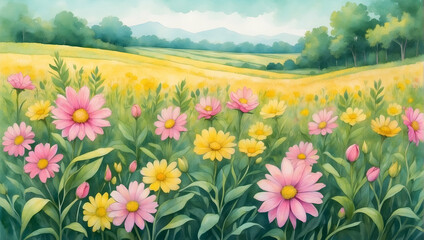 Fototapeta premium Watercolor illustration of pink and yellow flowers field with green leafs. Beautiful flowers garden. Creative graphics design. 