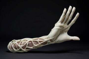 Obraz premium Flexible white 3d hand. Next generation futuristic prosthetic articulated hand. Generate ai