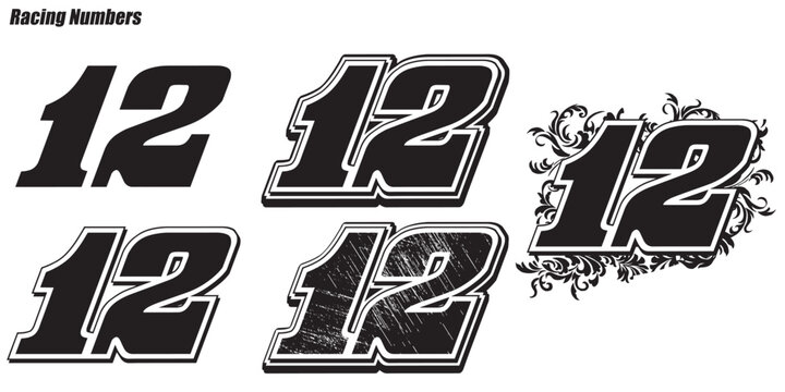 black and white outline racing number isolated in white background, for print, t-shirt and business elements.