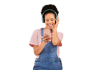 Woman, smile and cellphone or headphones for listening or radio, online or isolated transparent png...