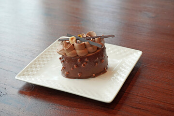 Crunchy chocolate cake on white dish